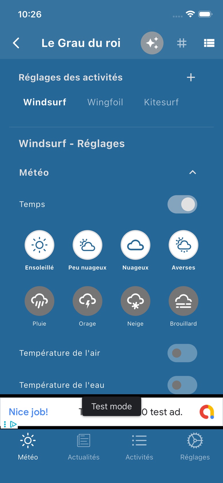 Écran des réglages d'activités de La Mouette Météo